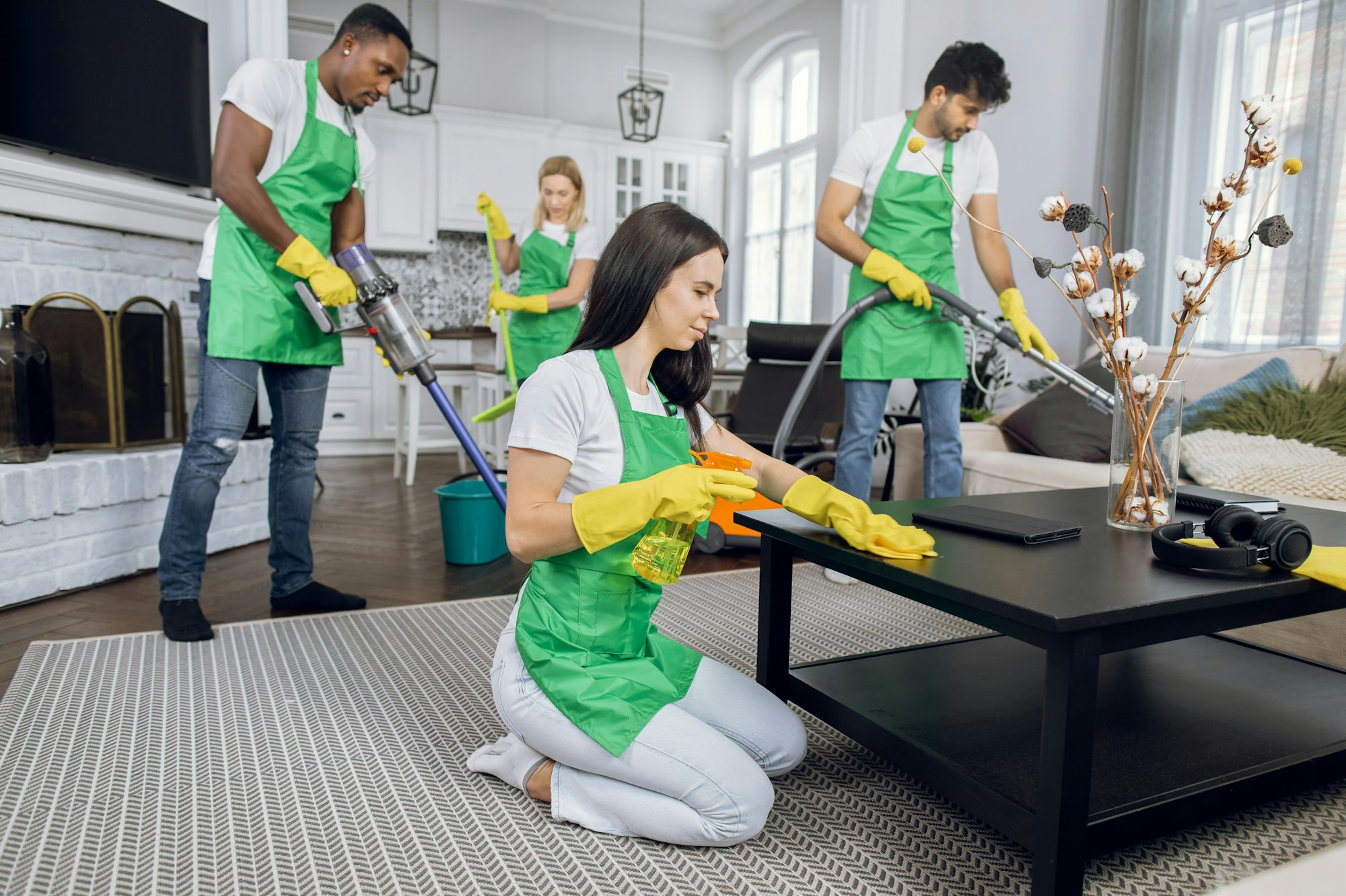 Cleaners vacuuming, wiping and washing at room